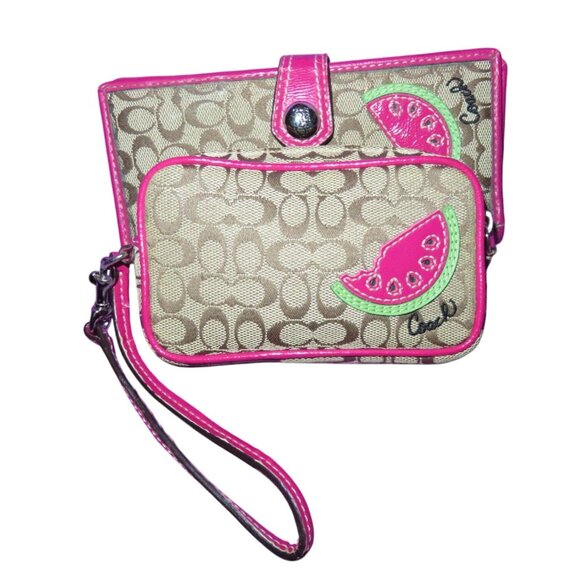 Coach vintage watermelon khaki Jacquard canvas & leather wristlet & wallet - Picture 2 of 14